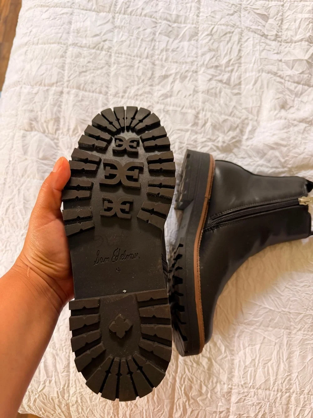 Sam Edelman Black Leather Chelsea Lug Boots with Brown Trim